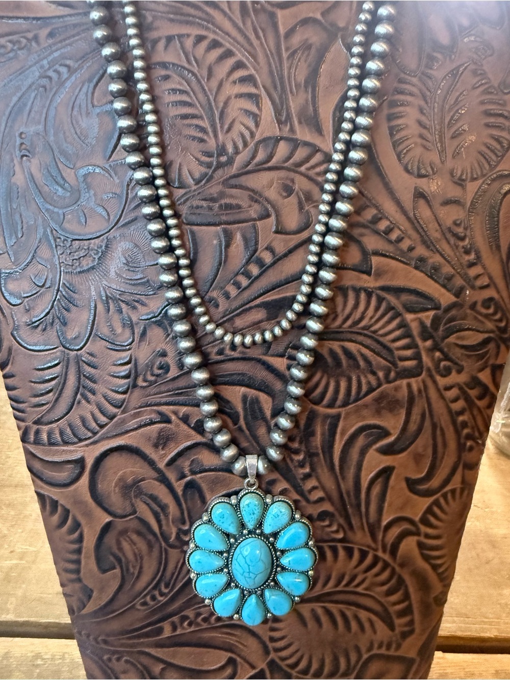 Turquoise Flower Pendant Necklace - Silver Bead Women Jewelry